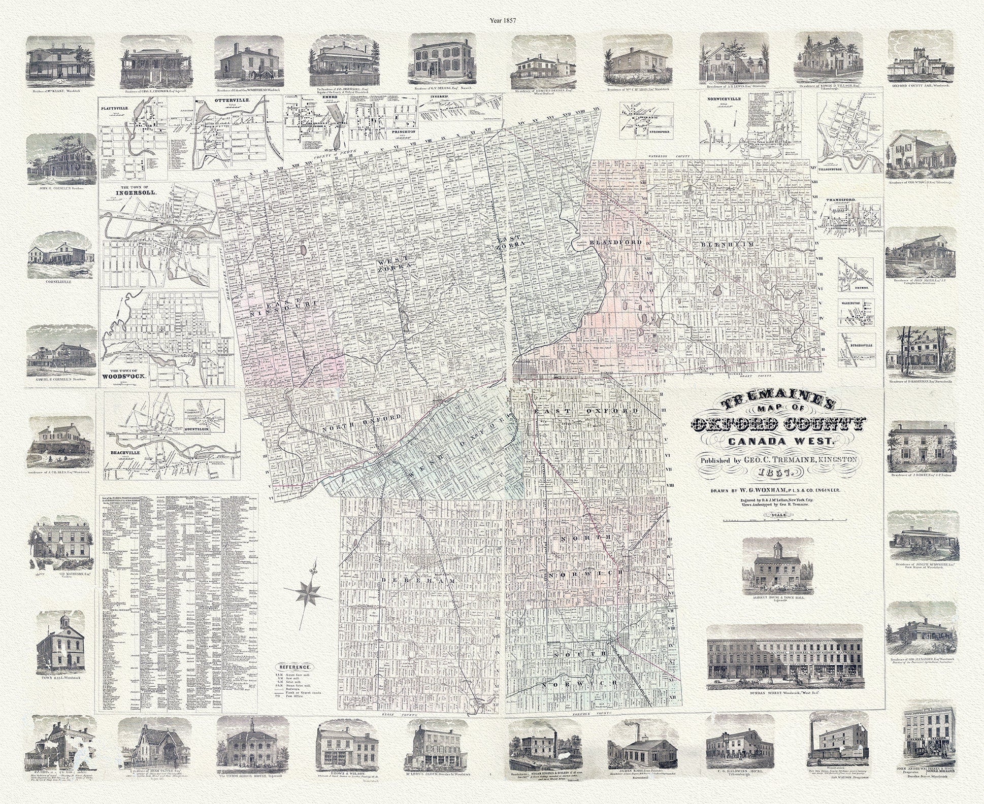 Oxford County, Canada West, 1857 , map on durable cotton canvas, 50 x 70 cm, 20 x 25" approx. - The Map Chest
