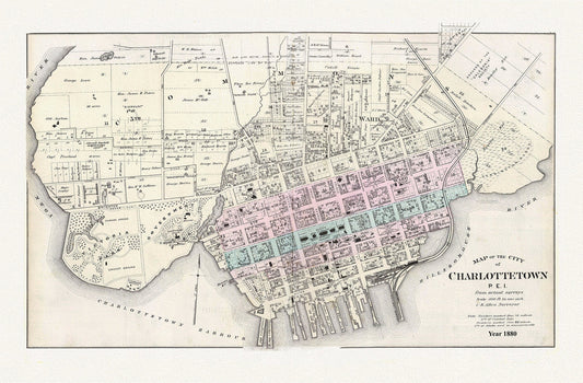 PEI; Map of the City of Charlottetown, Meacham et Allen auths.,1880 , vintage map on durable cotton canvas, 50 x 70 cm or 20x25" approx. - The Map Chest