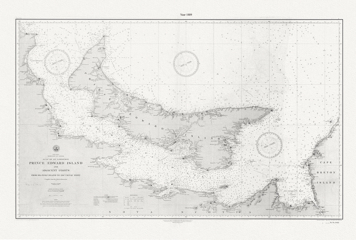 PEI: Prince Edward Island and adjacent coasts, from Sea Wolf Island to Escuminac Point, 1889, Nautical chart on canvas 20x25" approx. - The Map Chest