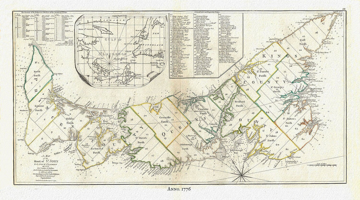 PEI:Gulf of St. Lawrence, Prince Edward Island, Jefferys auth.,1776 , map reprinted on durable cotton canvas, 50 x 70 cm or 20x25" approx. - The Map Chest