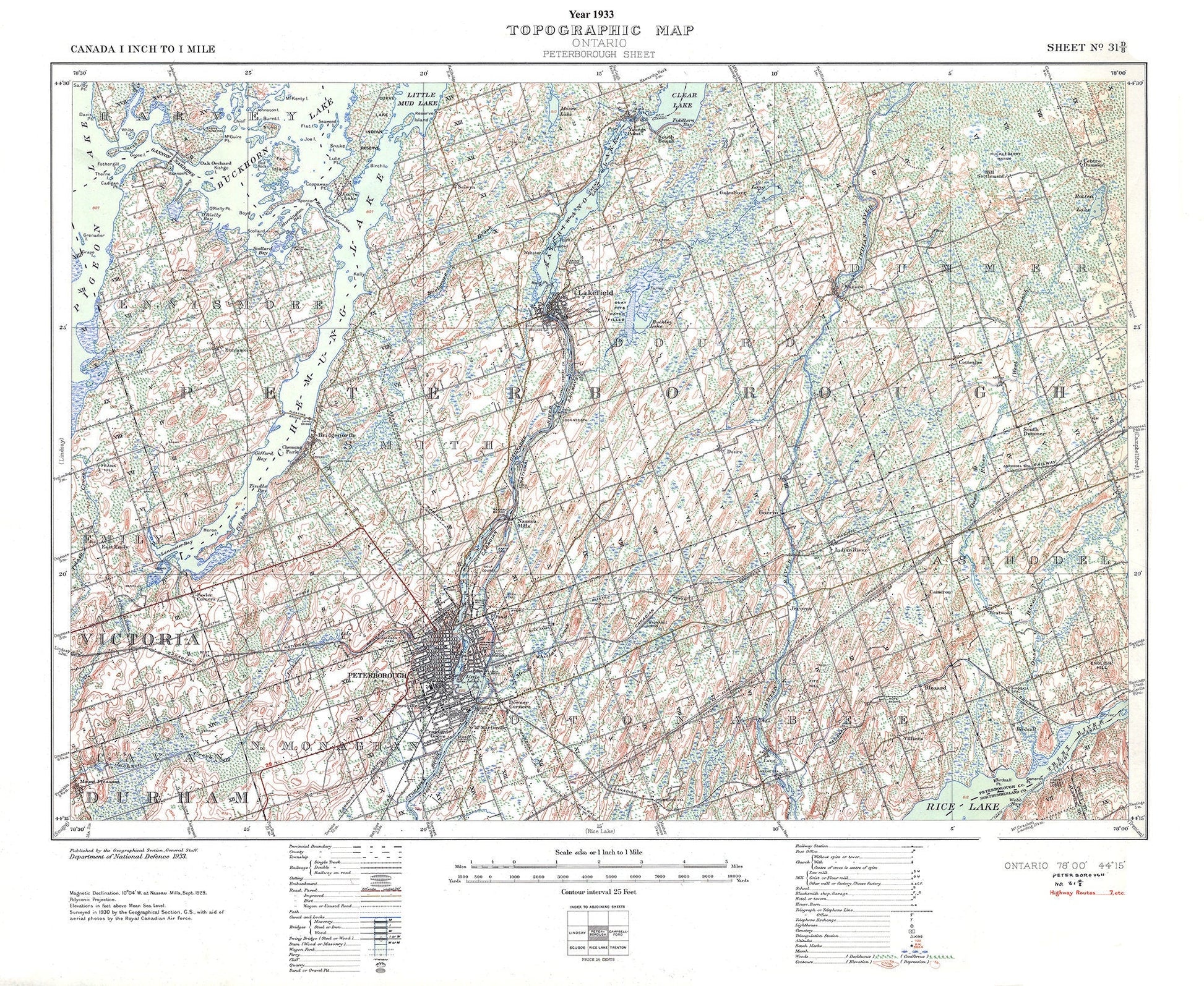 Peterborough, Ont. Topographic Map sheet 031D08, 1933 , map on durable cotton canvas, 50 x 70 cm, 20 x 25" approx. - The Map Chest
