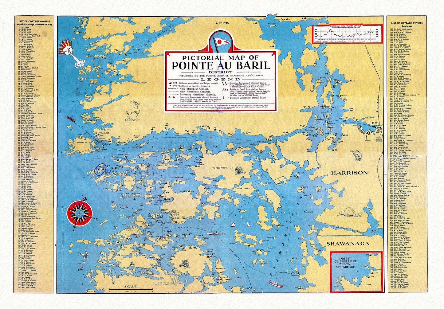 Pictorial map of Pointe au Baril District, 1945, , map on heavy cotton canvas, 22x27" approx. - The Map Chest