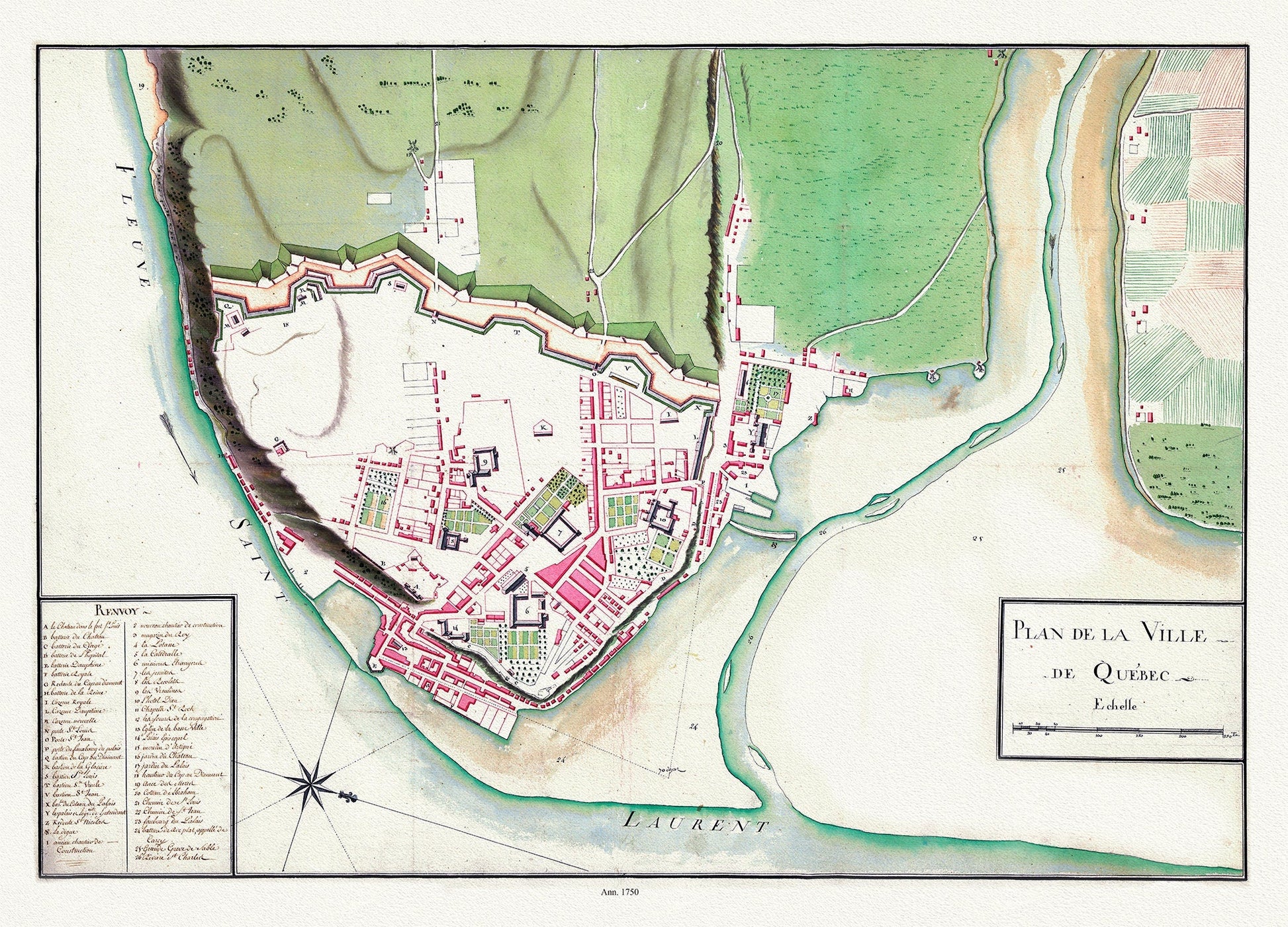 Plan de la ville de Québec, 1750 , map on heavy cotton canvas, 20 x 25" approx. - The Map Chest