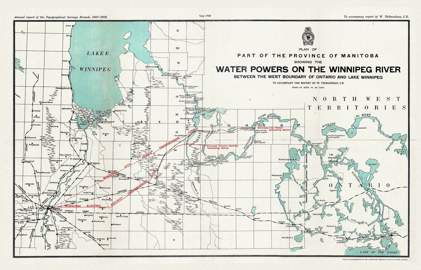 Plan of part of the province of Manitoba showing the water powers on the Winnipeg River, 1908 , map on canvas, 50 x 70 cm, 20 x 25" approx. - The Map Chest