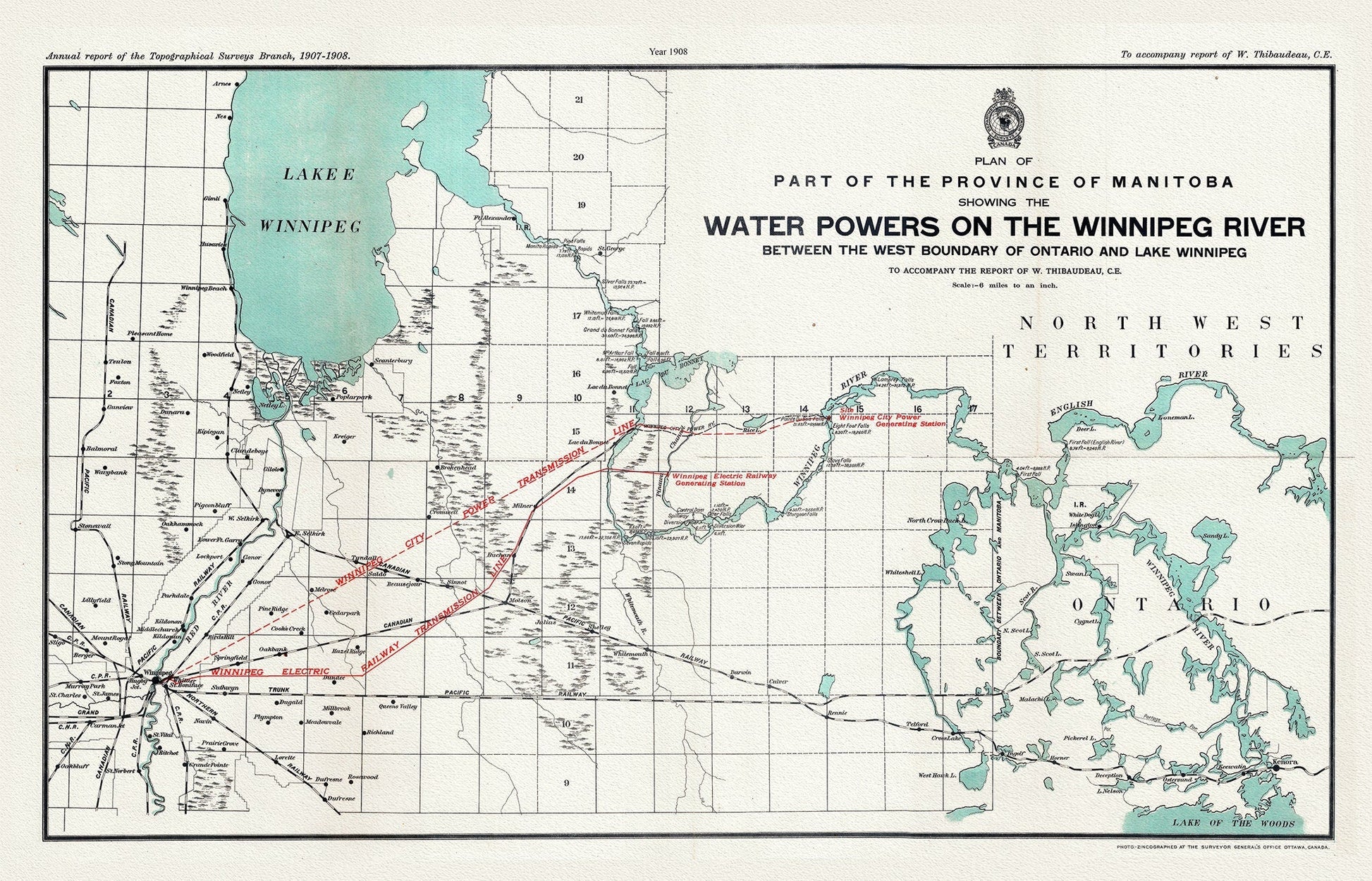 Plan of part of the province of Manitoba showing the water powers on the Winnipeg River, 1908 , map on canvas, 50 x 70 cm, 20 x 25" approx. - The Map Chest