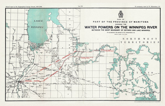 Plan of part of the province of Manitoba showing the water powers on the Winnipeg River, 1908 , map on canvas, 50 x 70 cm, 20 x 25" approx. - The Map Chest