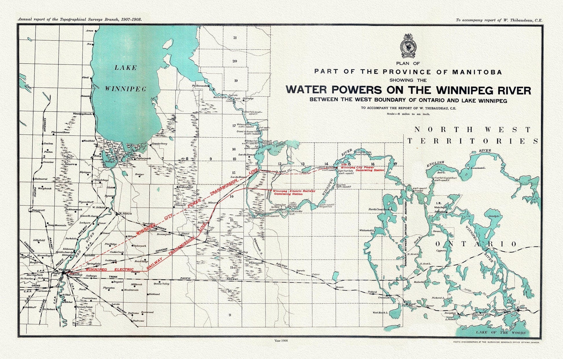Plan of part of the province of Manitoba showing the water powers on the Winnipeg River,1908, map , 50 x 70 cm, 20 x 25" approx. - The Map Chest