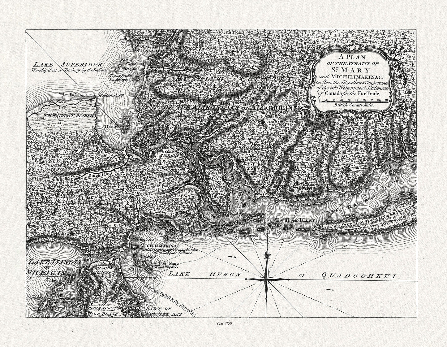 Plan of the Straits of St. Mary, and Michilimakinac shewing the two westernmost settlements of Canada, 1750, 50 x 70 cm, 20 x 25" approx. - The Map Chest