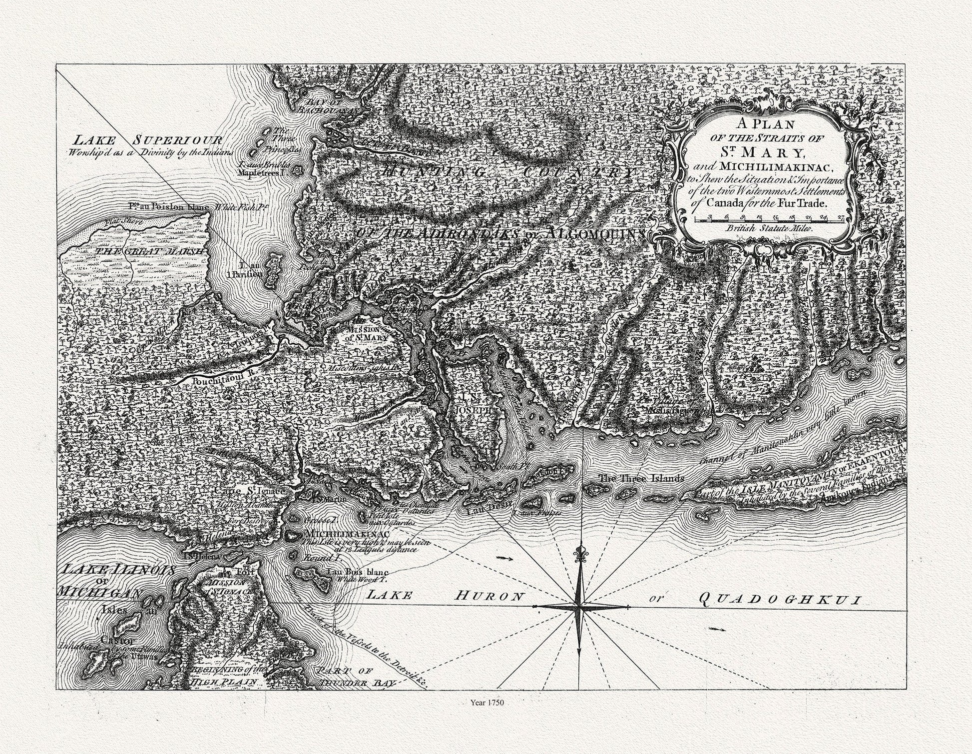 Plan of the Straits of St. Mary, and Michilimakinac shewing the two westernmost settlements of Canada, 1750, 50 x 70 cm, 20 x 25" approx. - The Map Chest
