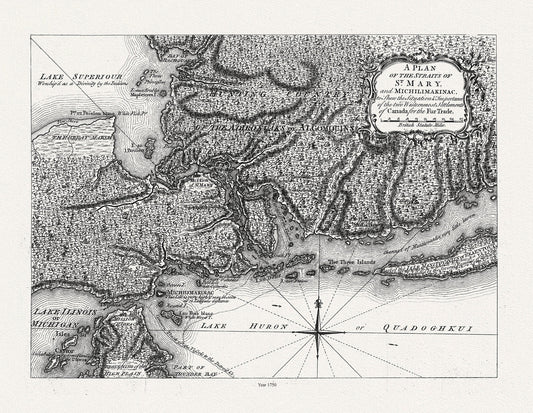 Plan of the Straits of St. Mary, and Michilimakinac shewing the two westernmost settlements of Canada, 1750, 50 x 70 cm, 20 x 25" approx. - The Map Chest