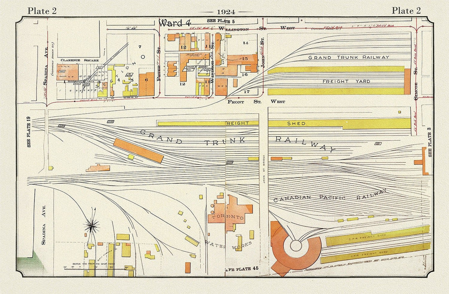 Plate 02, Toronto Downtown, Railway Lands, 1924, map on heavy cotton canvas, 20 x 30" or 50 x 75cm. approx. - The Map Chest