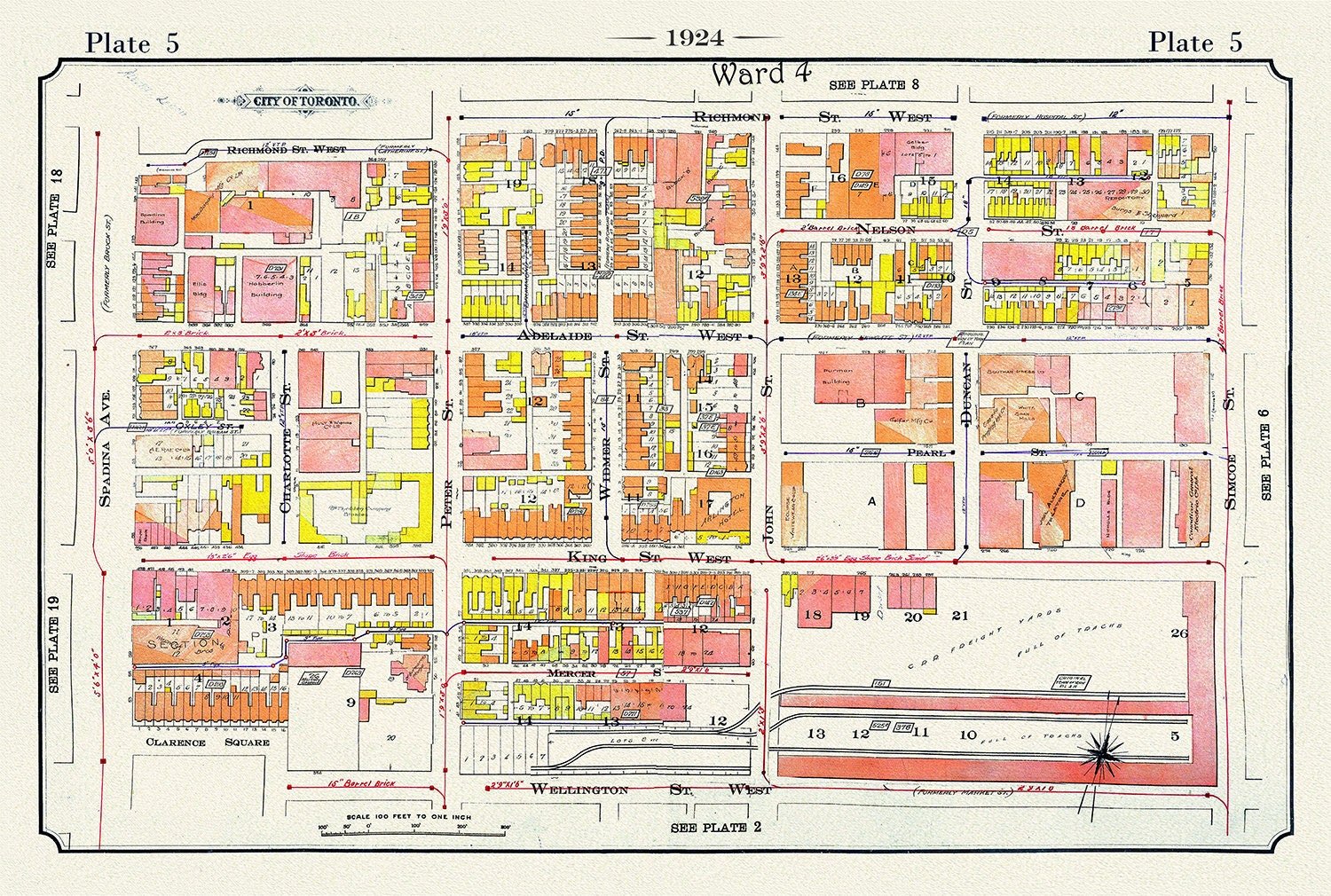 Plate 05, Toronto Downtown West, King St. to Spadina, 1924, map on heavy cotton canvas, 20 x 30" or 50 x 75cm. approx. - The Map Chest