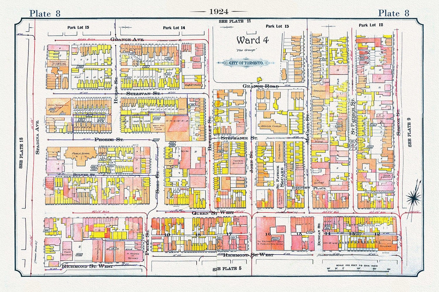 Plate 08, Toronto Downtown, Queen St. West to Spadina, 1924, map on heavy cotton canvas, 20 x 30" or 50 x 75cm. approx. - The Map Chest