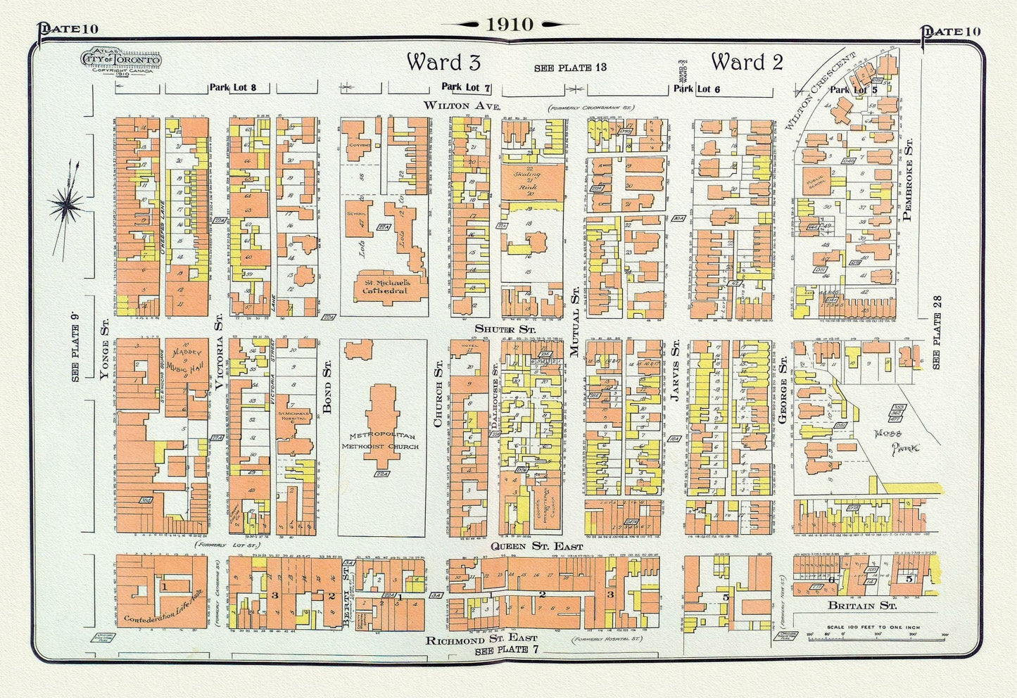 Plate 10, Toronto Downtown East,, Mutual St., 1910 , map on heavy cotton canvas, 20 x 30" approx. - The Map Chest