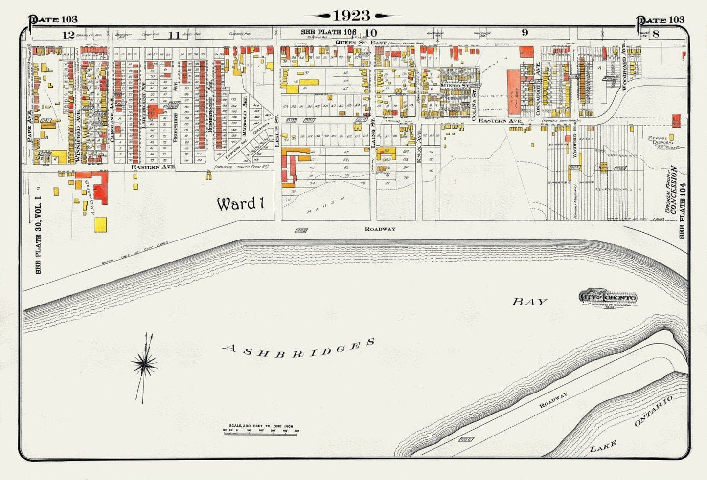 Plate 103, Toronto East, Waterfront, Ashbridges Bay, 1923, Map on heavy cotton canvas, 18x27in. approx. - The Map Chest