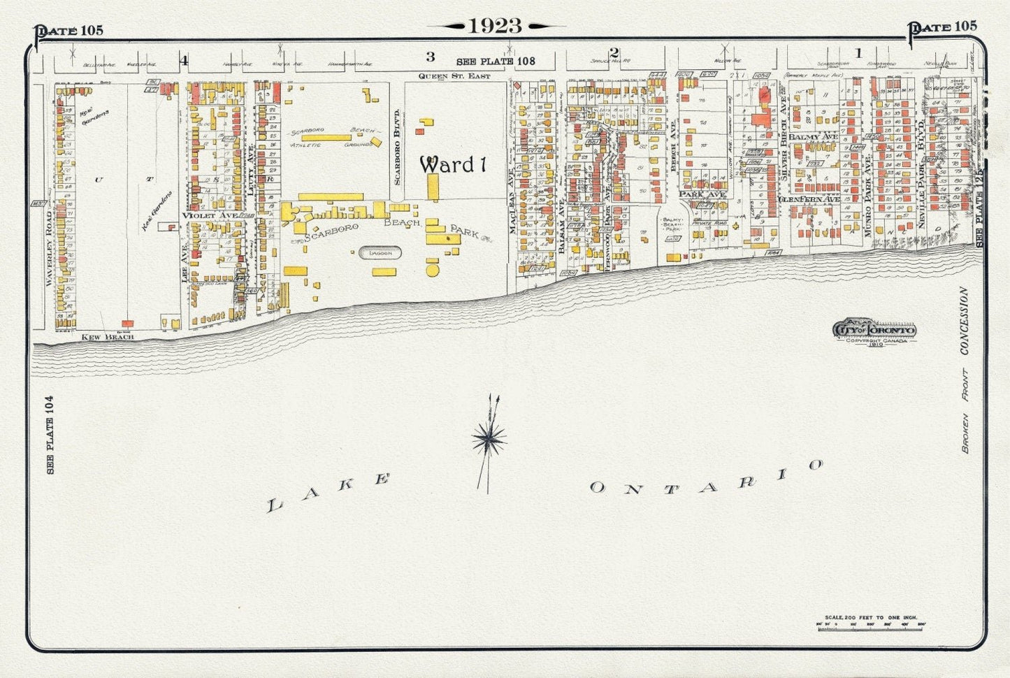 Plate 105, Toronto East, Waterfront, Kew Gardens & Scarborough Beach Park, 1923, Map on heavy cotton canvas, 18x27in. approx. - The Map Chest