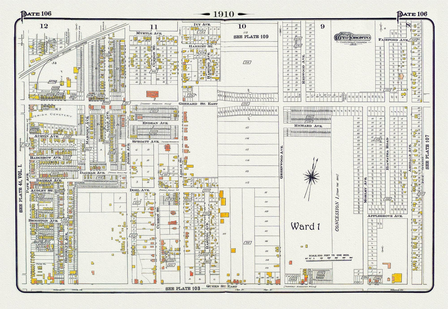 Plate 106, Toronto East, Leslieville and North, 1910 , map on heavy cotton canvas, 20 x 30" approx. - The Map Chest