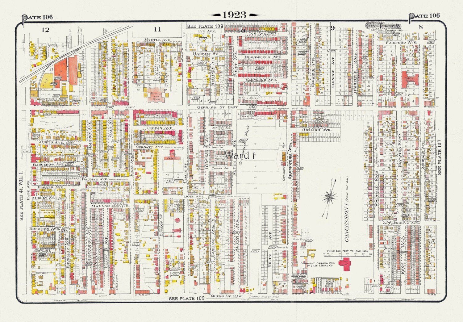 Plate 106, Toronto East, Leslieville and North, 1923, Map on heavy cotton canvas, 18x27in. approx. - The Map Chest