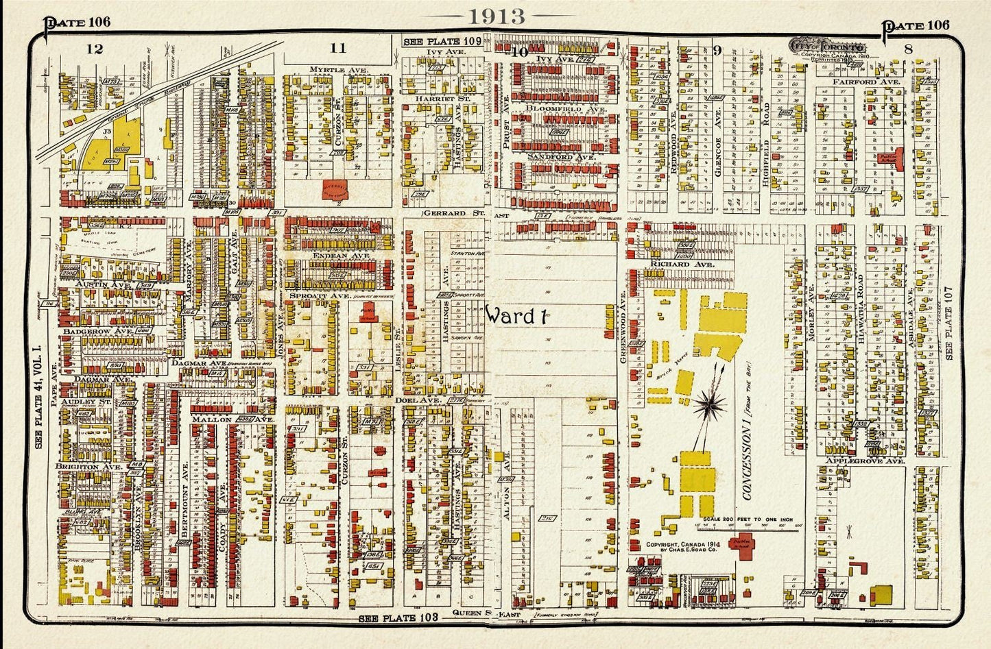 Plate 106, Toronto East, Riverdale, Leslieville, 1913, map on heavy cotton canvas, 20 x 30" or 50 x 75cm. approx. - The Map Chest