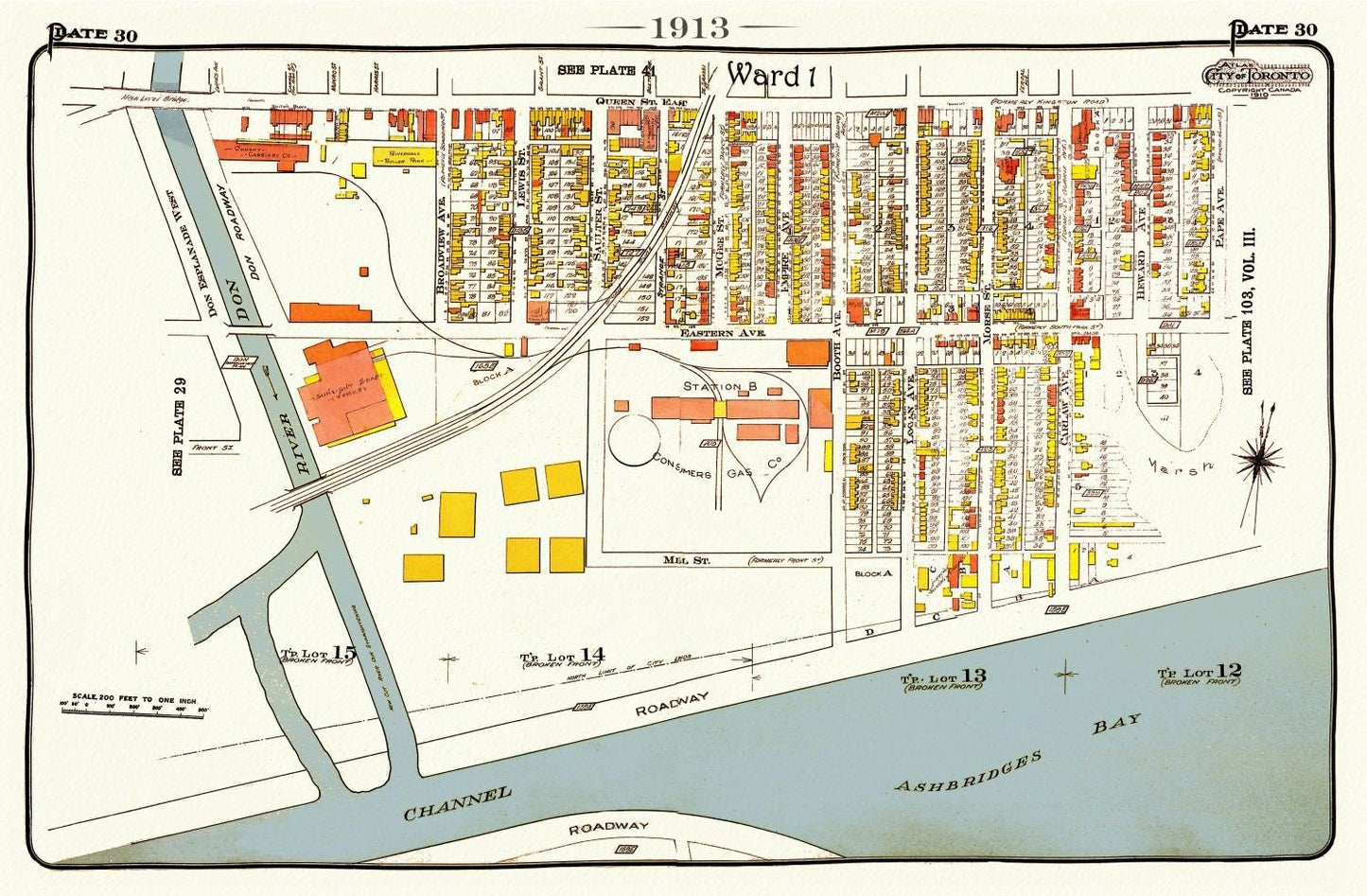 Plate 106, Toronto East, Waterfront, Leslieville, 1913, map on heavy cotton canvas, 20 x 30" or 50 x 75cm. approx. - The Map Chest