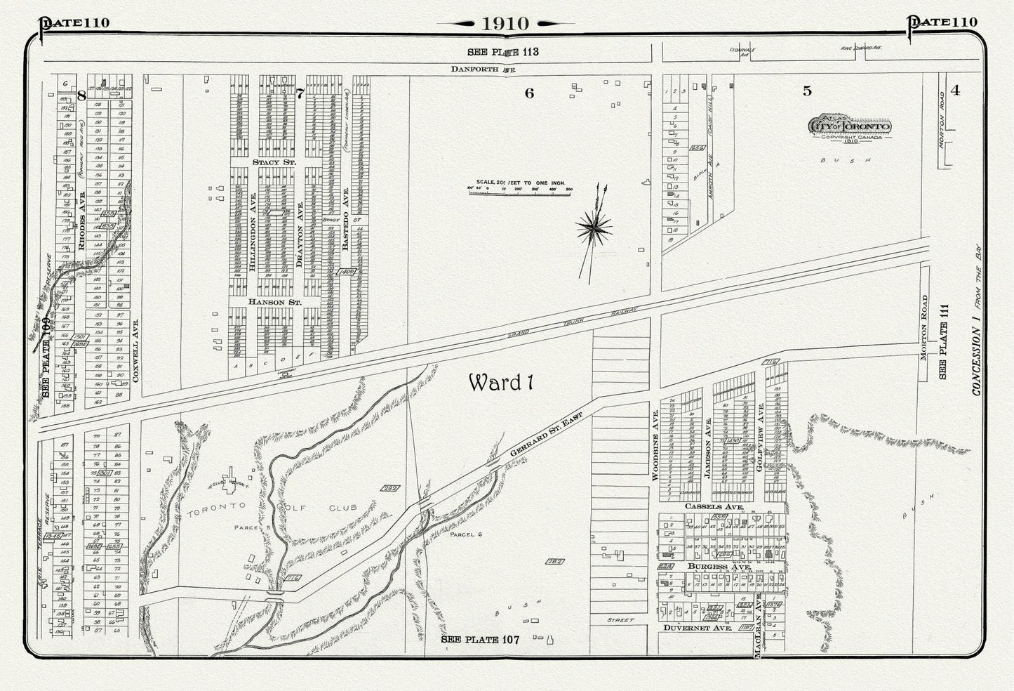 Plate 110, Toronto East, Danforth and Woodbine South, 1910 , map on heavy cotton canvas, 20 x 30" approx. - The Map Chest