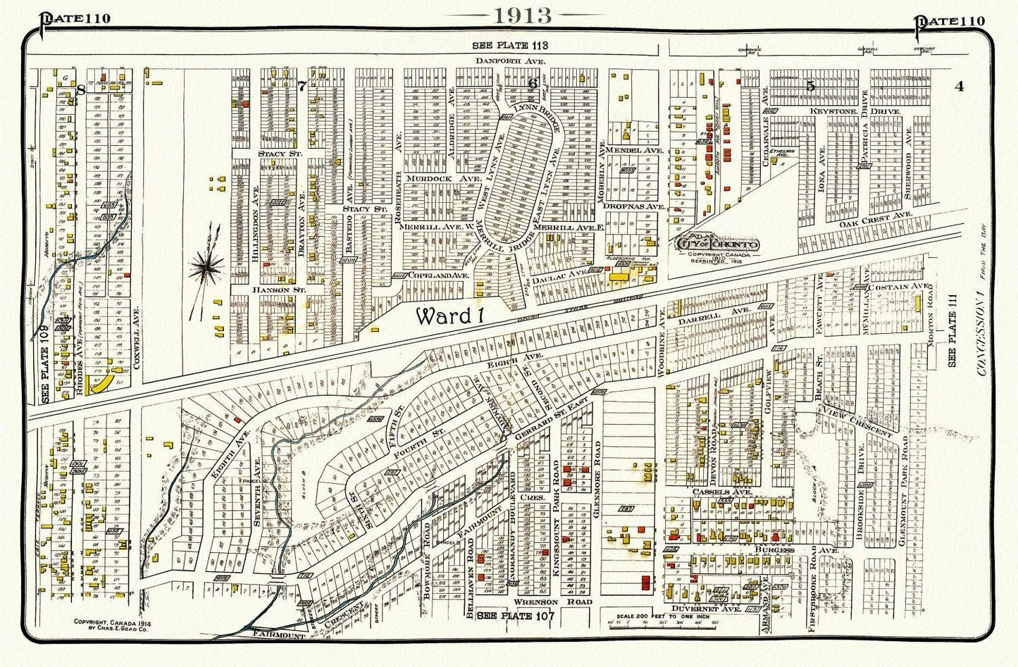 Plate 110, Toronto East, Danforth, Woodbine, 1913, map on heavy cotton canvas, 20 x 30" or 50 x 75cm. approx. - The Map Chest