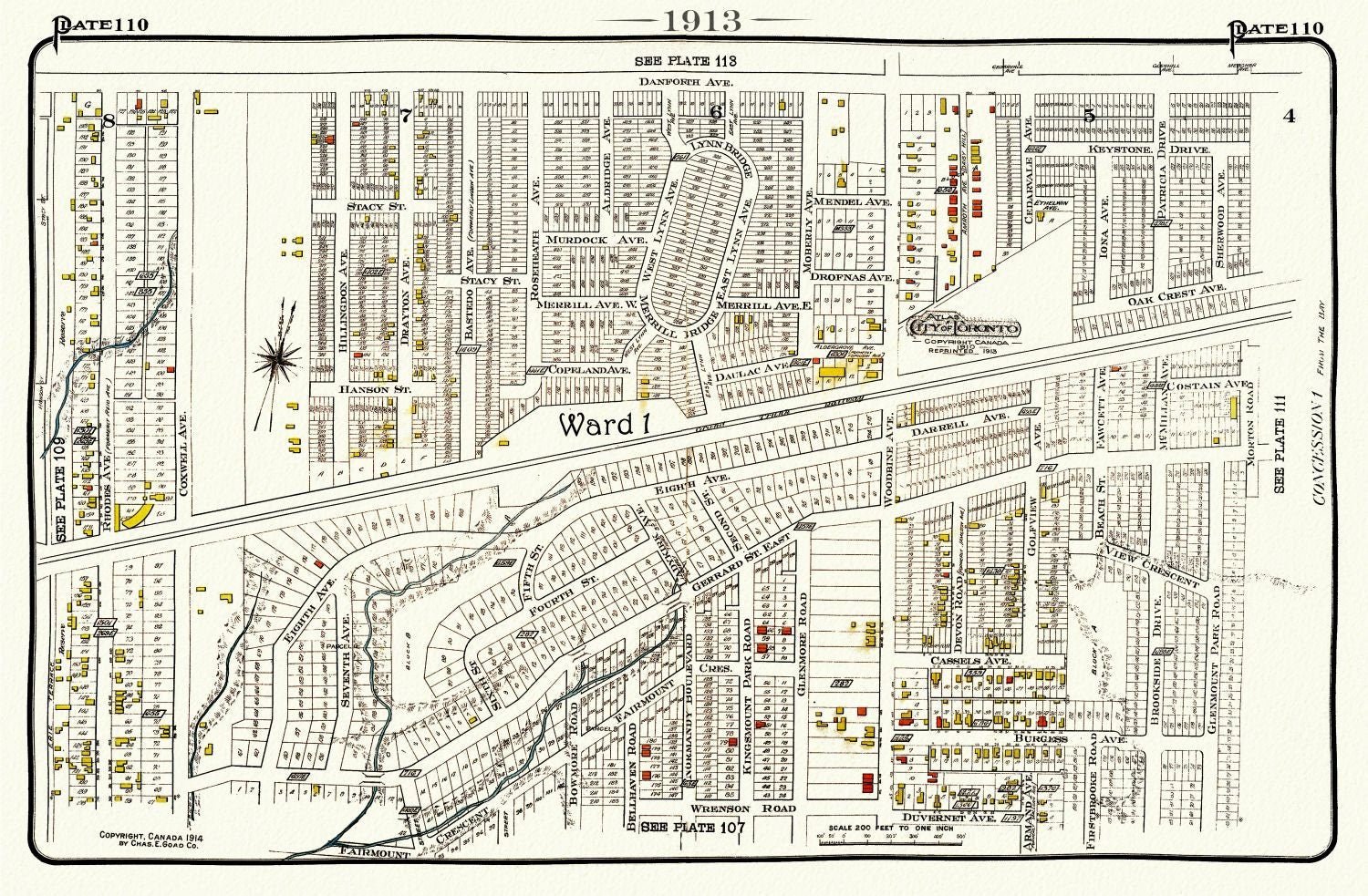 Plate 110, Toronto East, Danforth, Woodbine, 1913, map on heavy cotton canvas, 20 x 30" or 50 x 75cm. approx. - The Map Chest