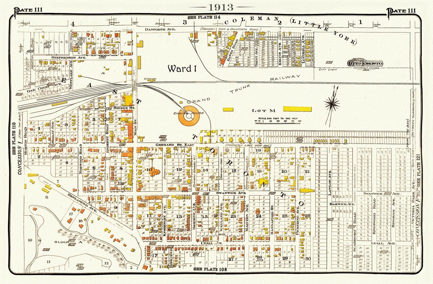 Plate 111, Toronto East, Danforth& Main, Little York, 1913, map on heavy cotton canvas, 20 x 30" or 50 x 75cm. approx. - The Map Chest