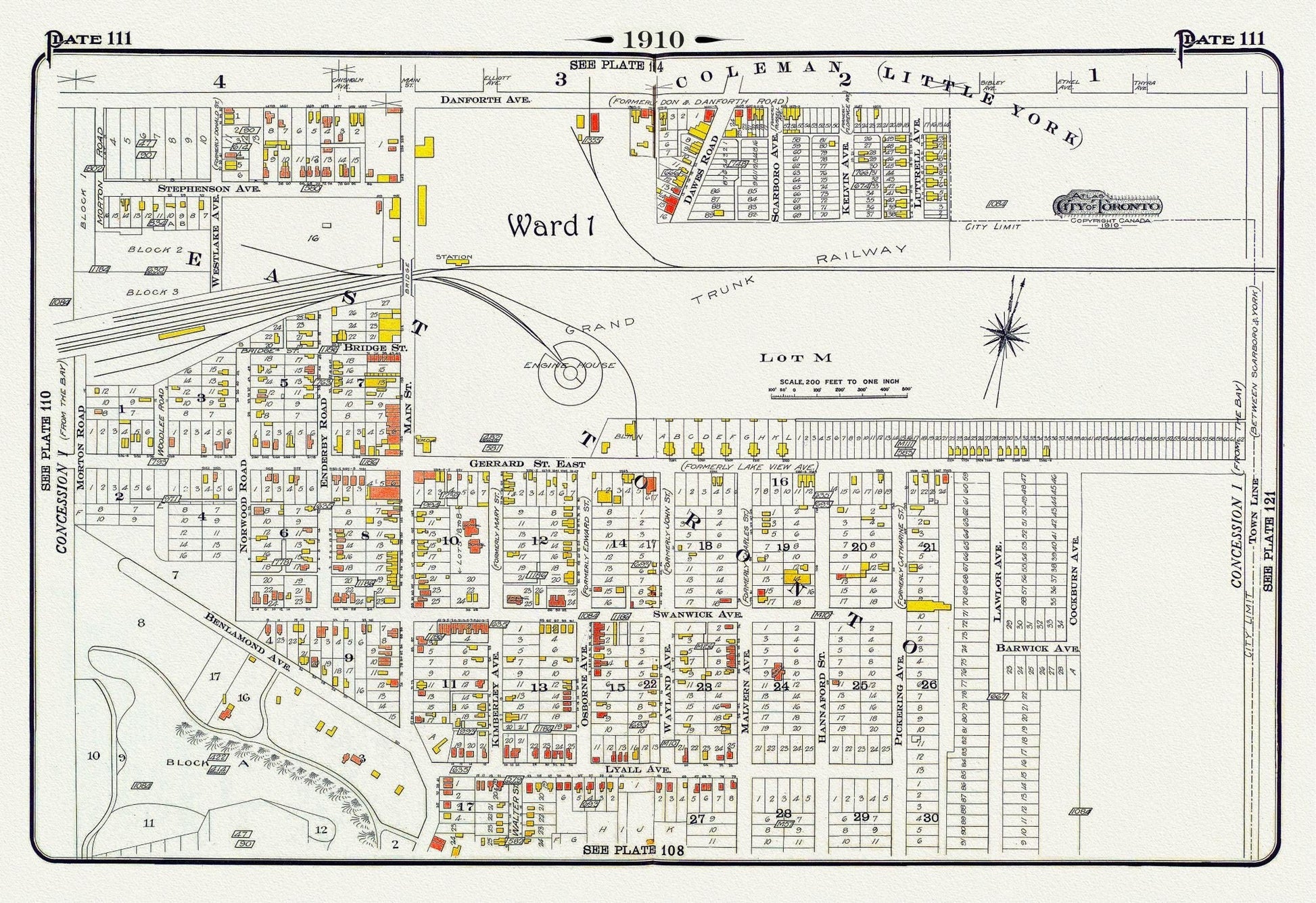 Plate 111, Toronto East York, Main St. South of Danforth Ave., 1910, map on heavy cotton canvas, 20 x 30" approx. - The Map Chest