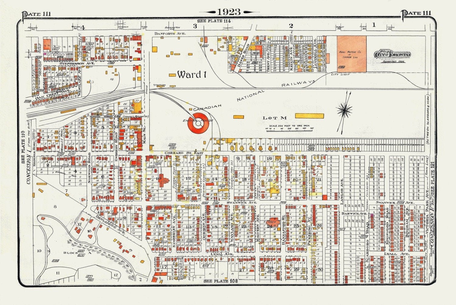 Plate 111, Toronto East York, Main St. South of Danforth Ave., 1923, Map on heavy cotton canvas, 18x27in. approx. - The Map Chest