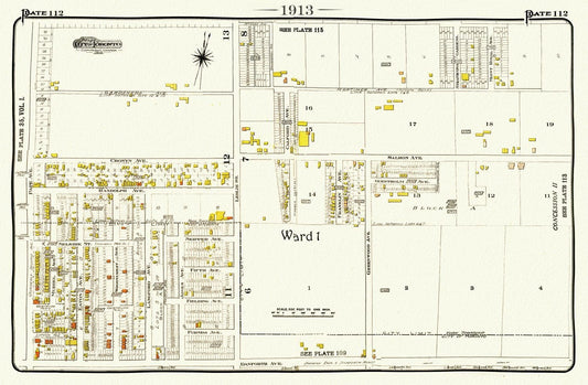 Plate 112, Toronto East, Danforth Pape, Leslie North, 1913, map on heavy cotton canvas, 20 x 30" or 50 x 75cm. approx. - The Map Chest