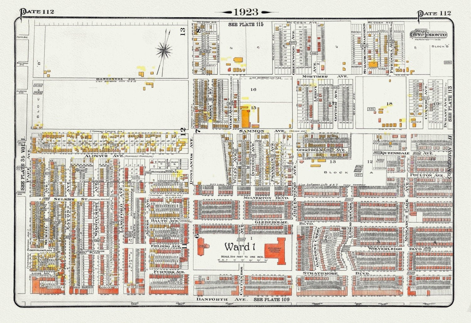 Plate 112, Toronto East York, Pape & Danforth, Northeast, 1923, Map on heavy cotton canvas, 18x27in. approx. - The Map Chest