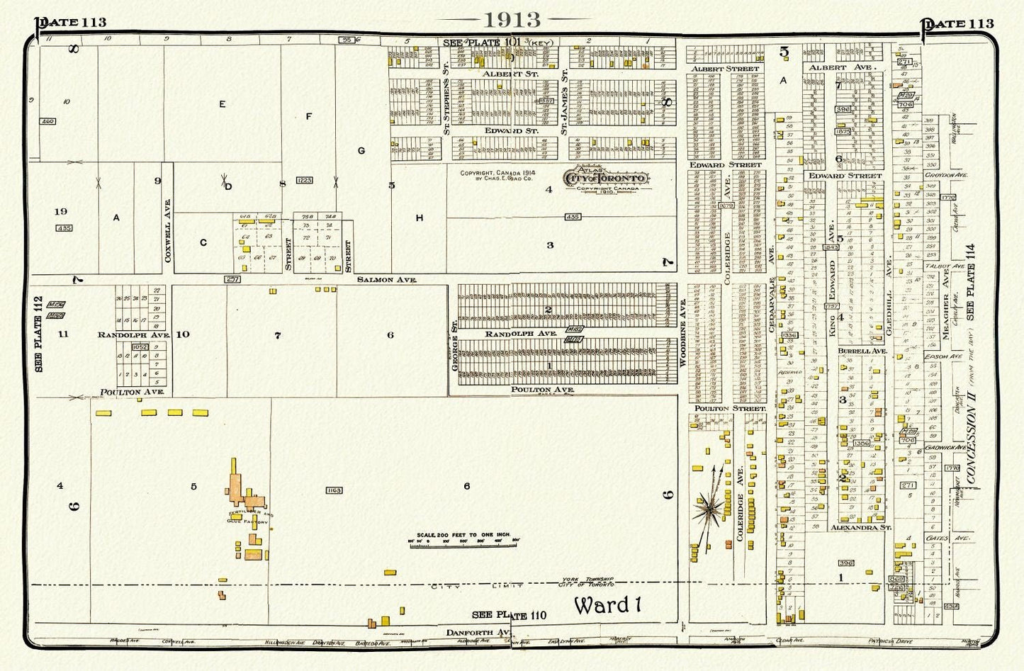 Plate 113, Toronto East, Danforth & Woodbine North, 1913, map on heavy cotton canvas, 20 x 30" or 50 x 75cm. approx. - The Map Chest