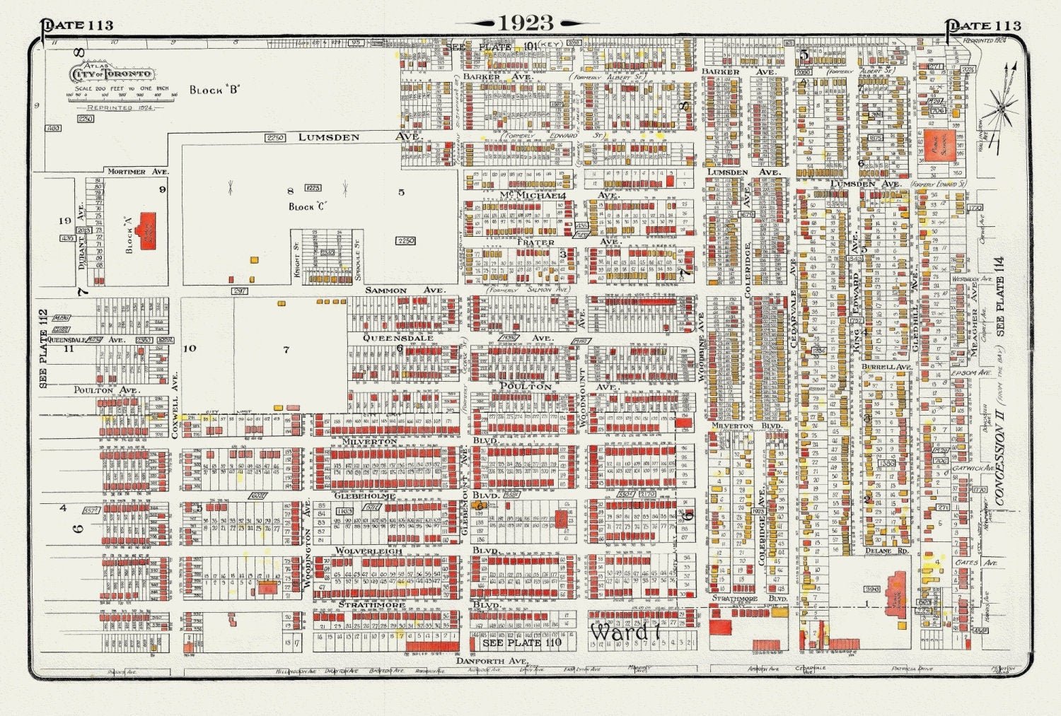 Plate 113, Toronto East York, Woodbine Ave. North of Danforth, 1923, Map on heavy cotton canvas, 18x27in. approx. - The Map Chest