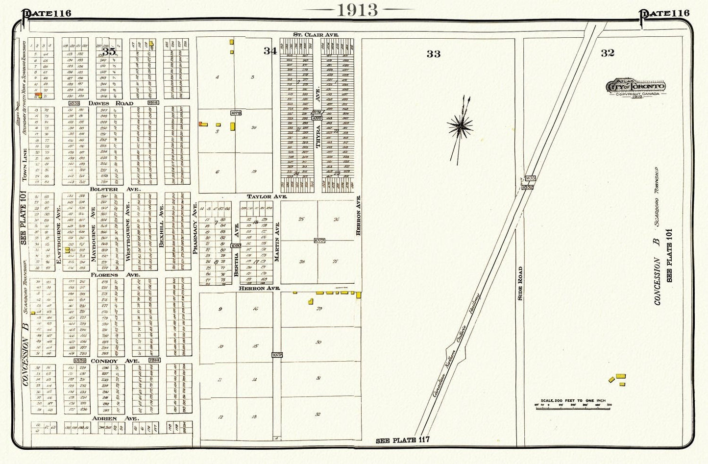 Plate 116, Toronto East, Scarborough, Pharmacy, St. Clair E.,1913, map on heavy cotton canvas, 20 x 30" or 50 x 75cm. approx. - The Map Chest