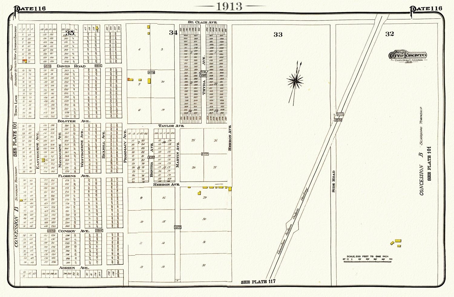 Plate 116, Toronto East, Scarborough, Pharmacy, St. Clair E.,1913, map on heavy cotton canvas, 20 x 30" or 50 x 75cm. approx. - The Map Chest