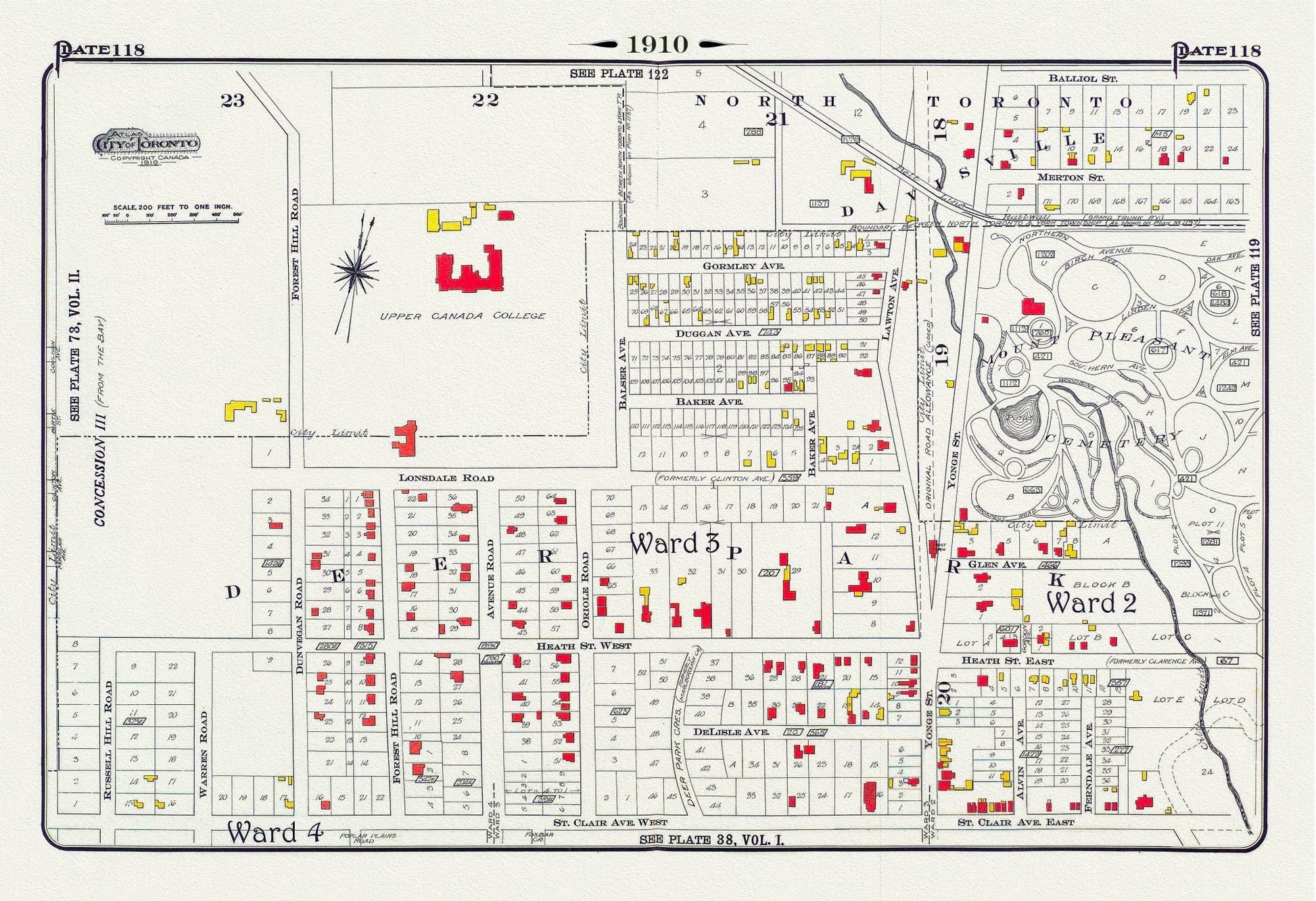 Plate 118, Toronto Uptown, Upper Canada College, Mount Pleasant, 1910 , map on heavy cotton canvas, 20 x 30" approx. - The Map Chest