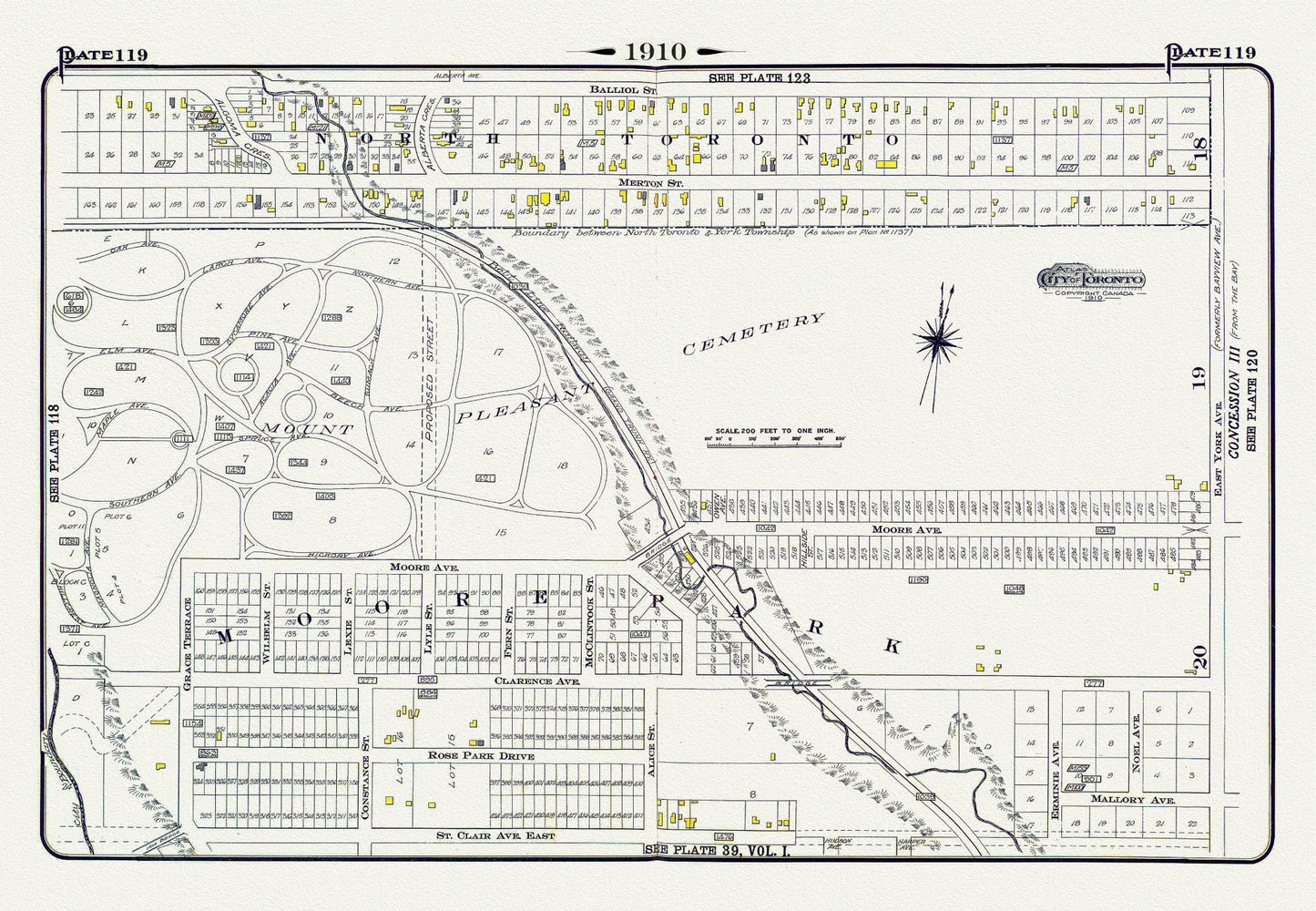 Plate 119, Toronto Uptown, Moore Park & Mount Pleasant, 1910, map on heavy cotton canvas, 20 x 30" approx. - The Map Chest