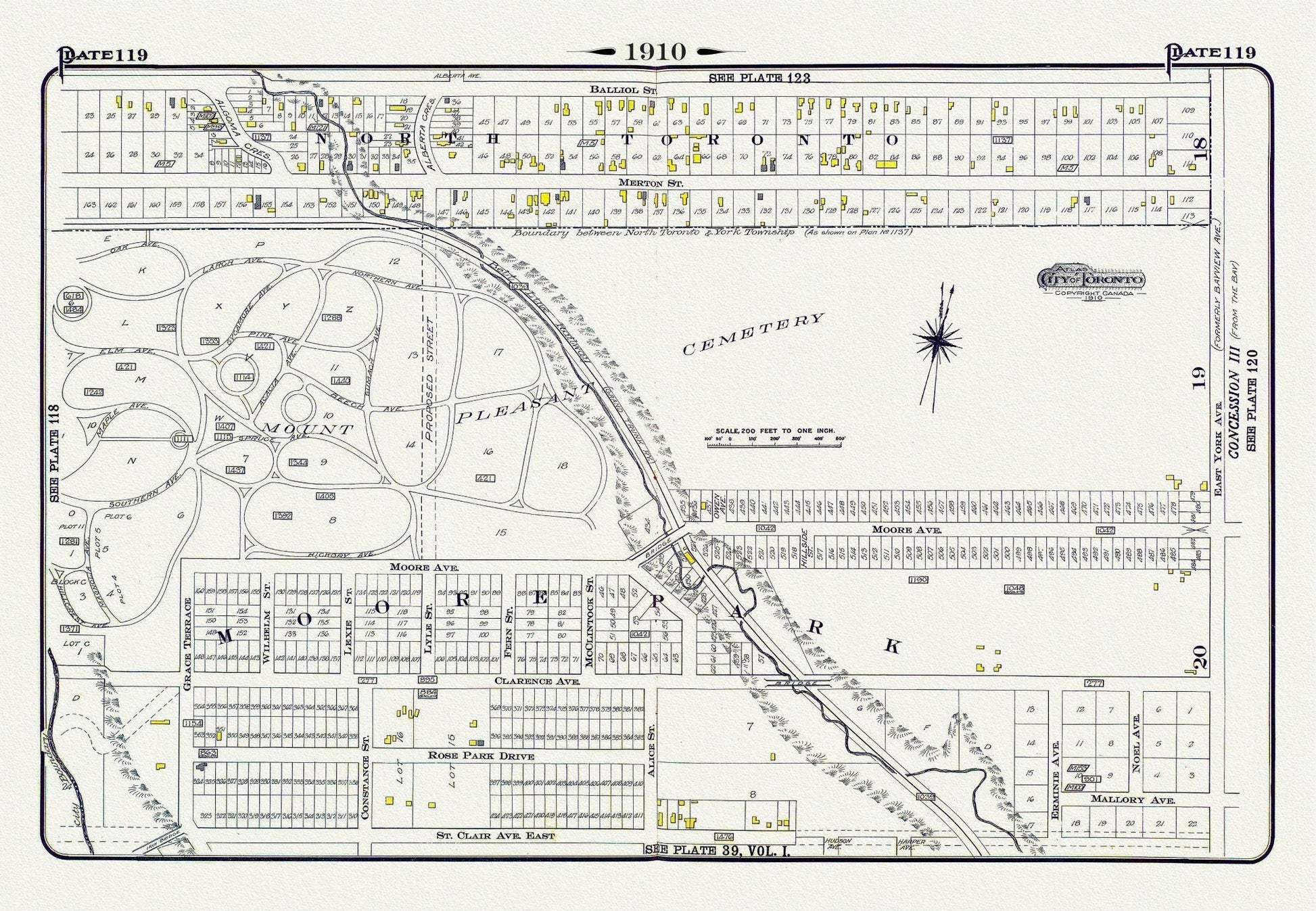 Plate 119, Toronto Uptown, Moore Park & Mount Pleasant, 1910, map on heavy cotton canvas, 20 x 30" approx. - The Map Chest