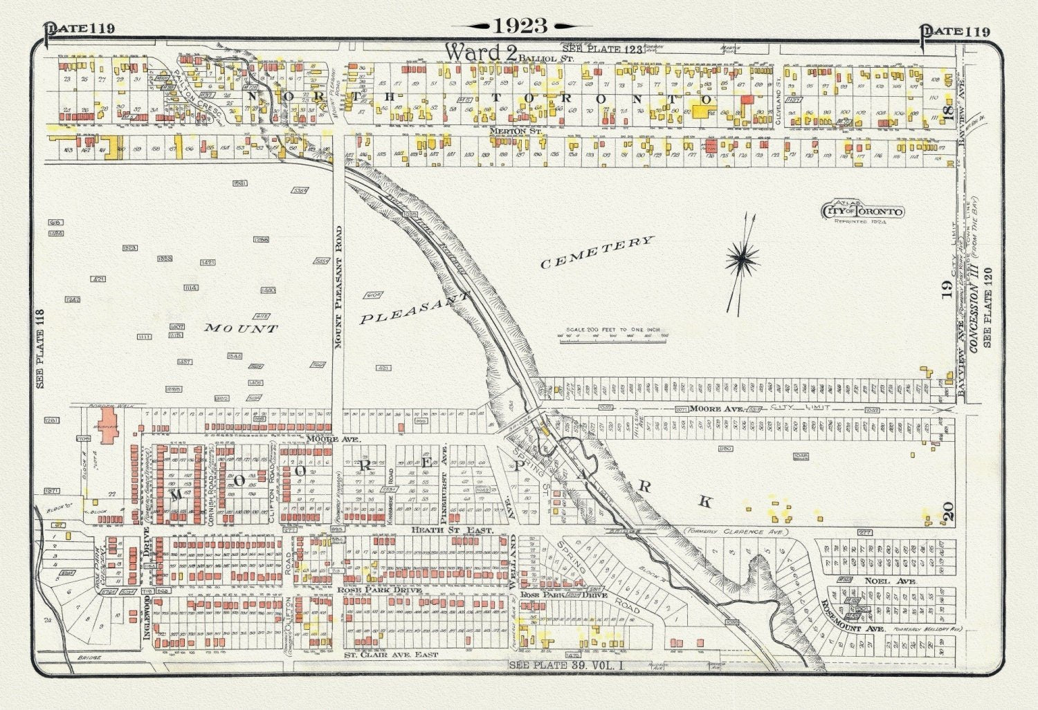 Plate 119, Toronto Uptown, Moore Park & Mount Pleasant, 1923, Map on heavy cotton canvas, 18x27in. approx. - The Map Chest