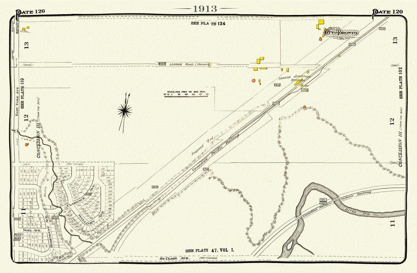 Plate 120, Toronto Uptown East, Leaside Station, 1913, map on heavy cotton canvas, 20 x 30" or 50 x 75cm. approx. - The Map Chest