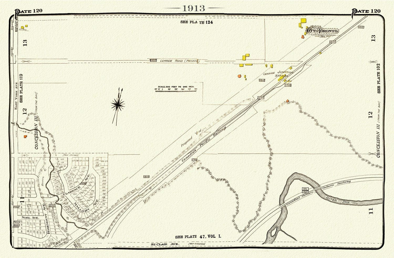 Plate 120, Toronto Uptown East, Leaside Station, 1913, map on heavy cotton canvas, 20 x 30" or 50 x 75cm. approx. - The Map Chest