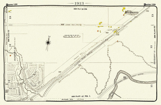 Plate 120, Toronto Uptown East, Leaside Station, 1913, map on heavy cotton canvas, 20 x 30" or 50 x 75cm. approx. - The Map Chest