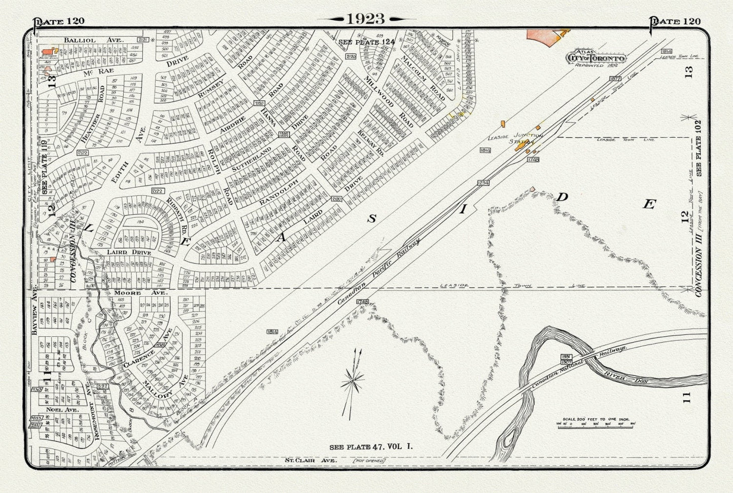 Plate 120, Toronto Uptown East, Leaside Station Junction, 1923, Map on heavy cotton canvas, 18x27in. approx. - The Map Chest