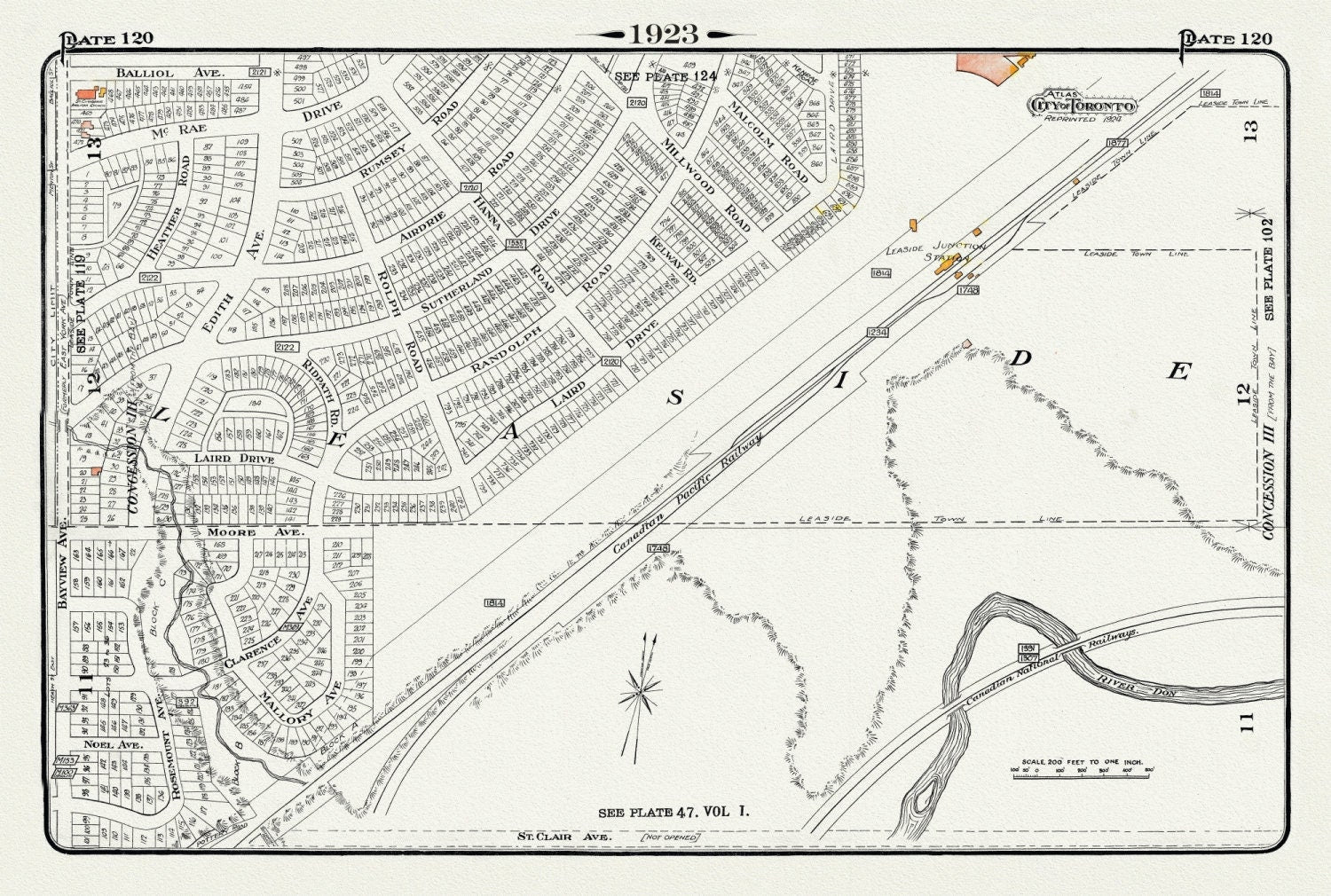 Plate 120, Toronto Uptown East, Leaside Station Junction, 1923, Map on heavy cotton canvas, 18x27in. approx. - The Map Chest