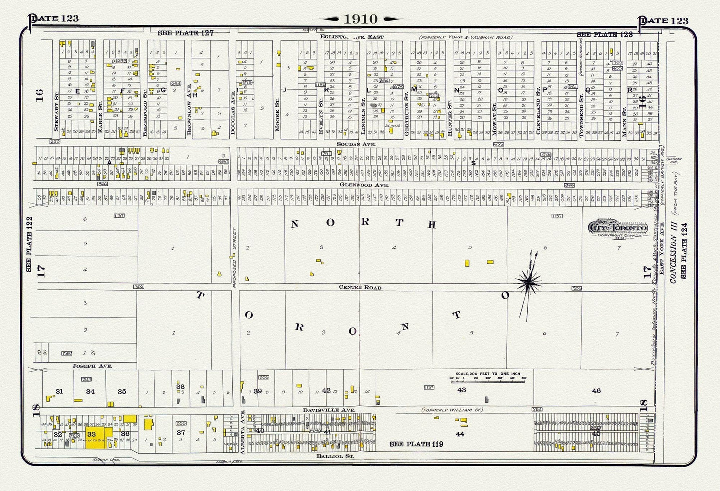 Plate 123, Toronto North, Davisville, 1910 , map on heavy cotton canvas, 20 x 30" approx. - The Map Chest