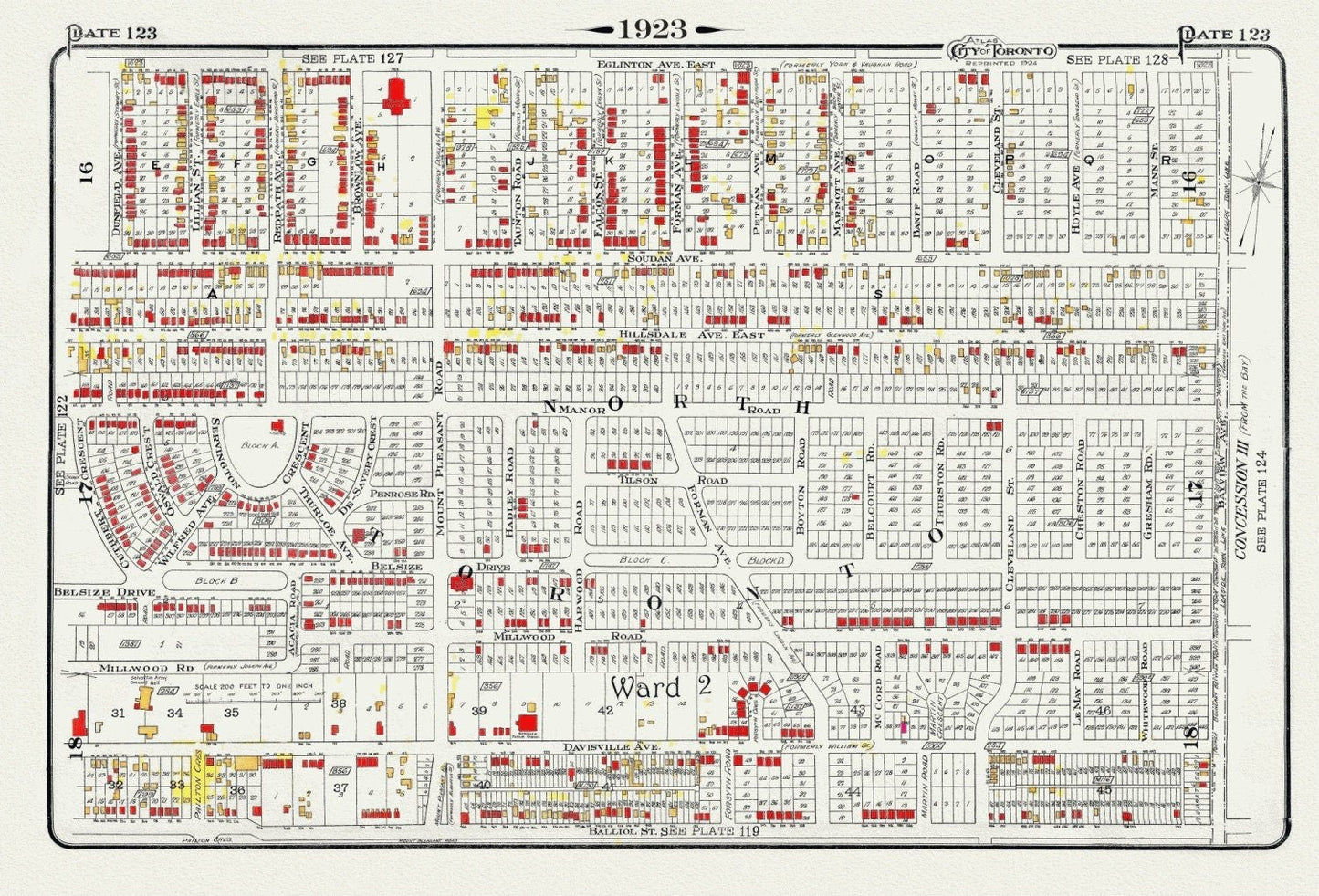Plate 123, Toronto North, Davisville, 1923, Map on heavy cotton canvas, 18x27in. approx. - The Map Chest