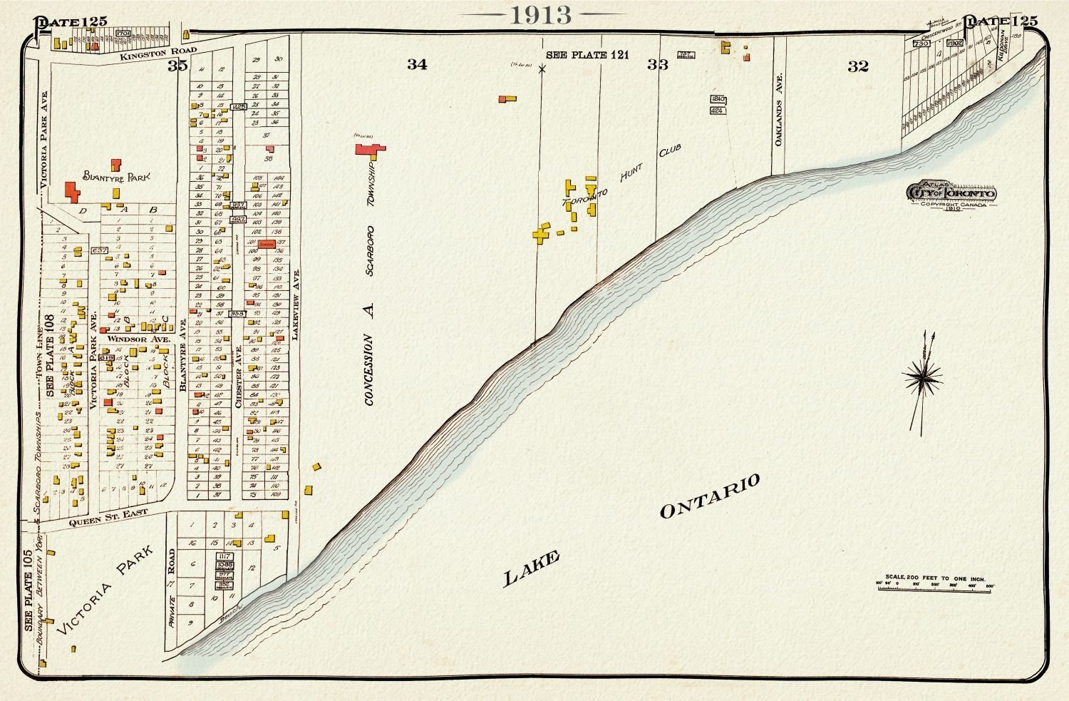 Plate 125, Toronto East, Scarborough, Victoria Park, 1913, map on heavy cotton canvas, 20 x 30" or 50 x 75cm. approx. - The Map Chest