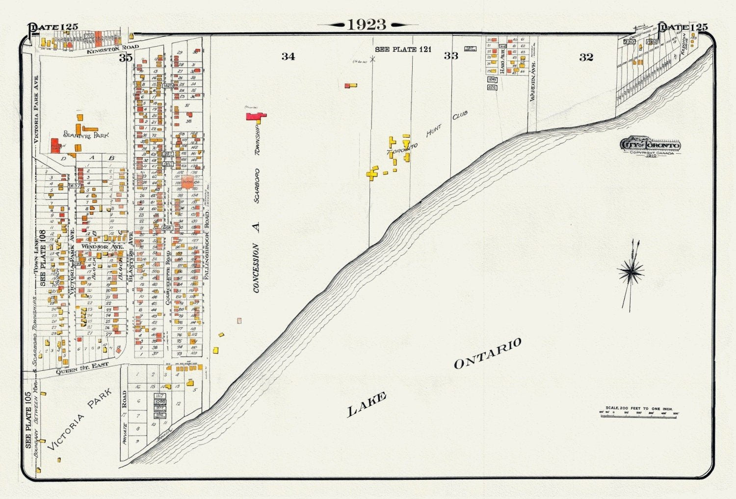 Plate 125, Toronto East, Waterfront, Beach & Hunt Club, 1923, Map on heavy cotton canvas, 18x27in. approx. - The Map Chest