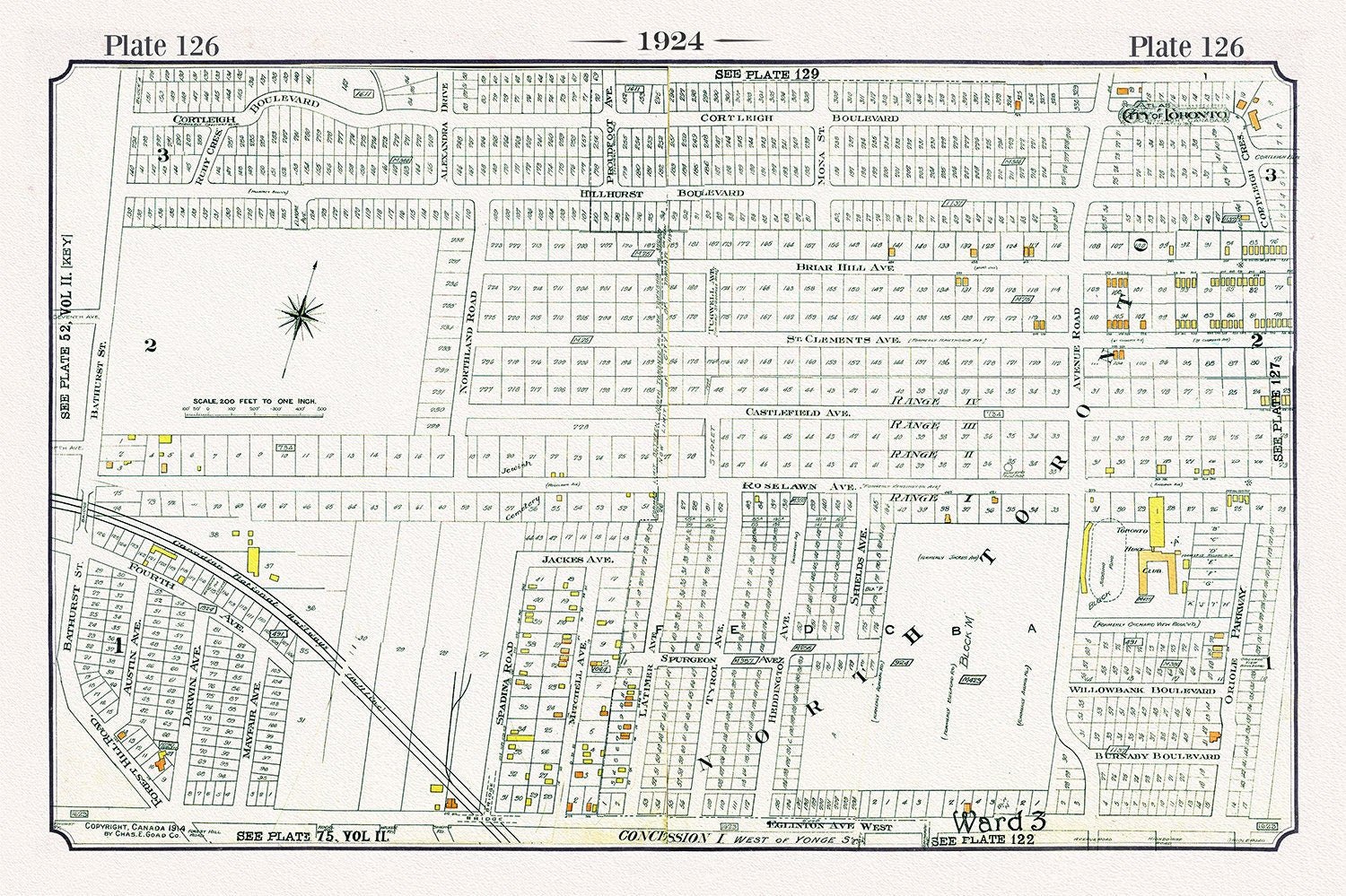 Plate 126, Toronto North and West, Old Hunt Club at Bathurst, 1924, map on heavy cotton canvas, 20 x 30" or 50 x 75cm. approx. - The Map Chest